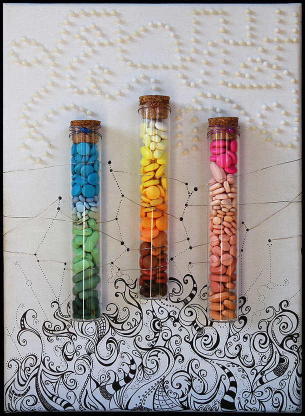 Acrylic, glass vials, silver wire, drugs & homeopathy on canvas • 33x24cm • More pic. > GALLERY MIXED TECHNIQUES